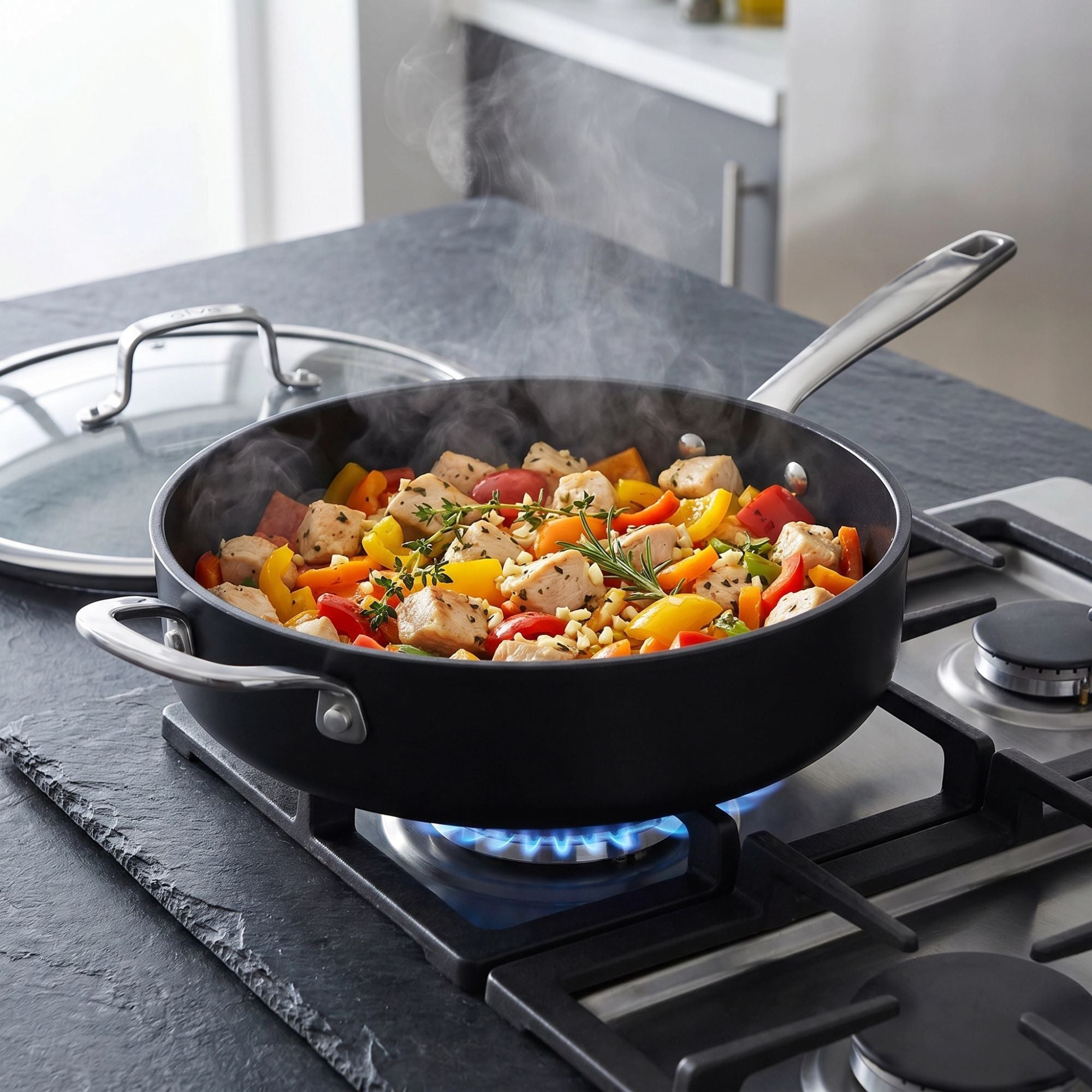 Saute Pan with Lid, 4-Qt | Black/Silver