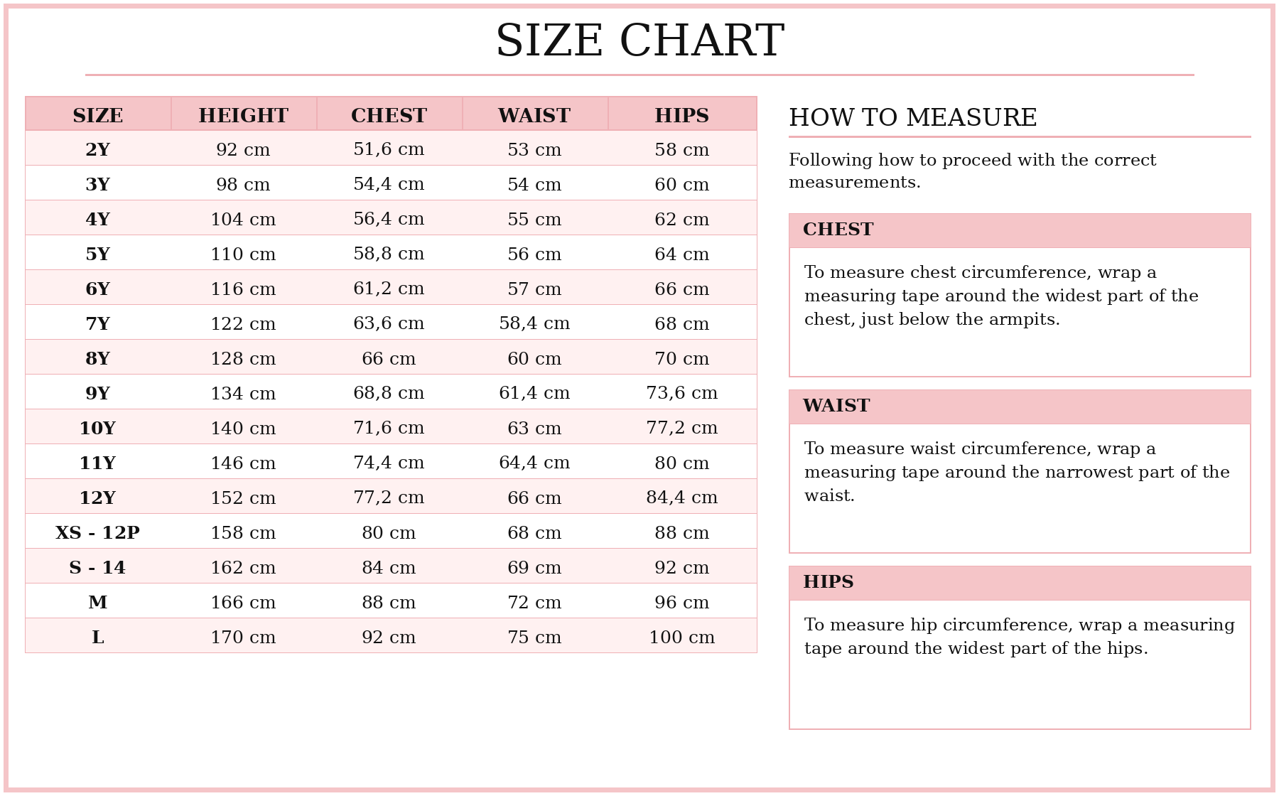 Product size guide