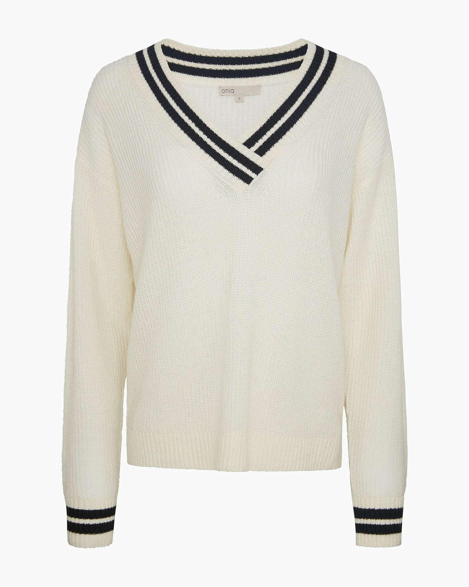 Womens | Deep V-neck Varsity Pullover Sweater | Off White/Black