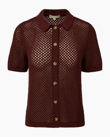 Womens | Crochet Knit Button Up Shirt | Rum