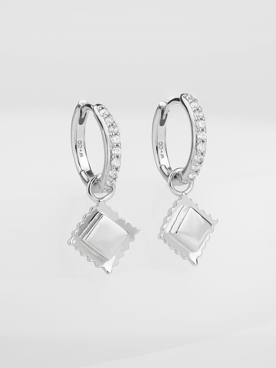 Ravioli Charm Huggie Earrings | 5A Grade Cubic Zirconia | Silver Rhodium Plated Brass