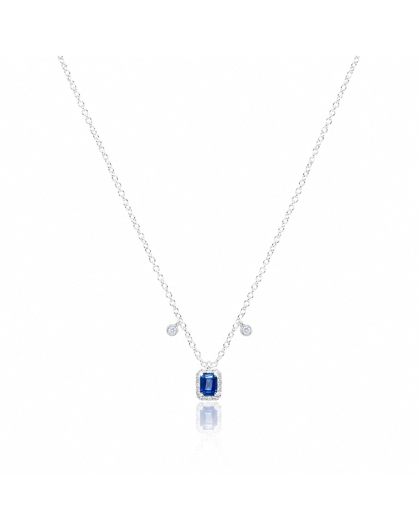 White Gold Diamond and Blue Sapphire Square Necklace | 14K Yellow Gold