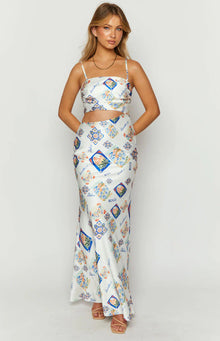 Willa Satin Italia Print Maxi Dress | White