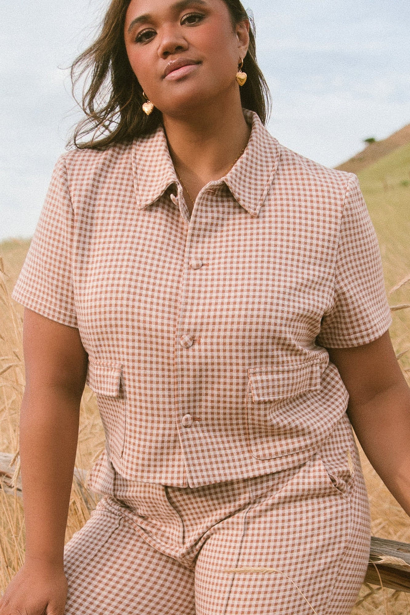 Women | Drew Blouse | Tan x Gingham