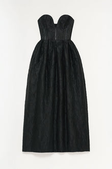 Black jacquard bustier gown with sweetheart neckline and full skirt.