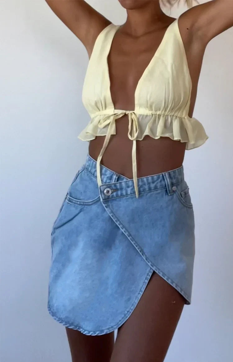 Alcmene Asymmetrical Wrap Mini Skirt | Denim