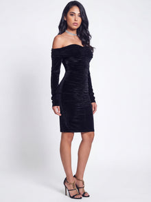 Ashton Off Shoulder Velvet Long Sleeve Bodycon Dress | Black