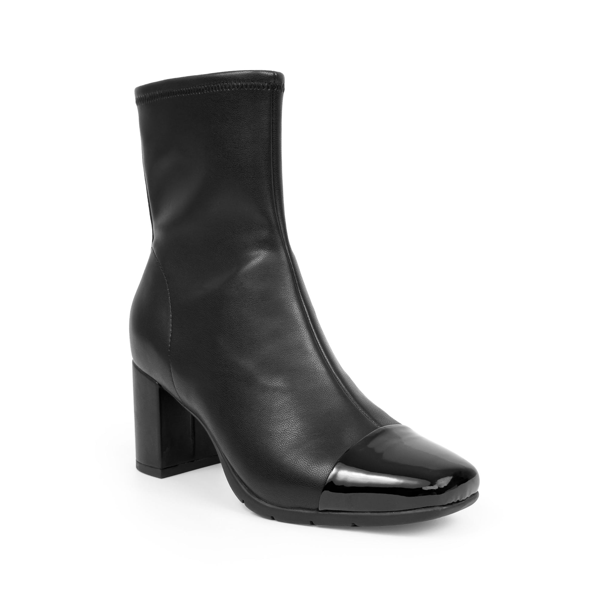 Miless Bootie Mid Block Heel | Black/Black Faux Stretch Nappa/Faux Patent