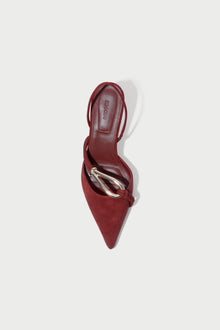 Burgundy suede slingback heel with pointed toe and metallic knot detail on the vamp, shown from above.