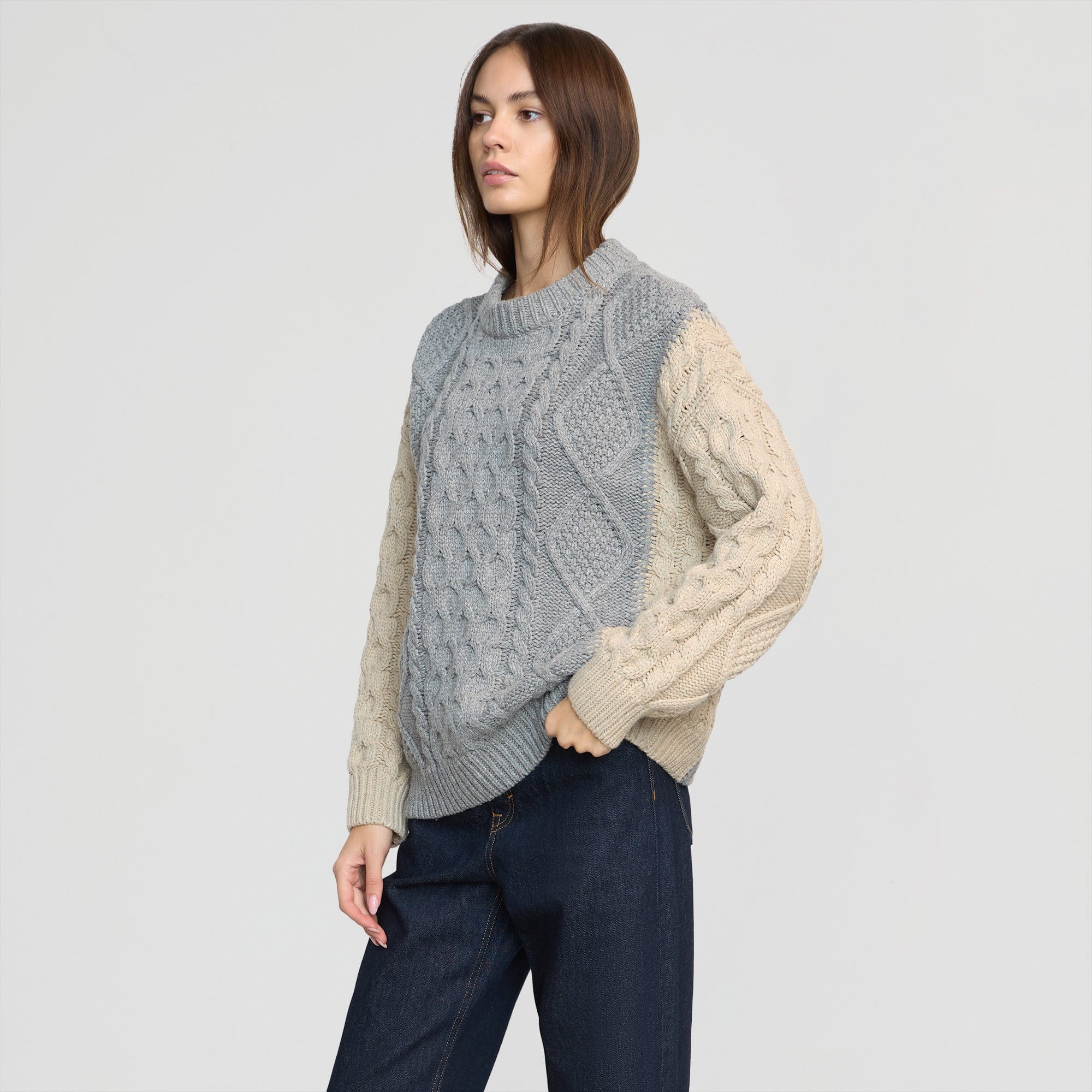 Dassie Oversized Color-Block Cable Sweater | Heather Grey / Oatmeal