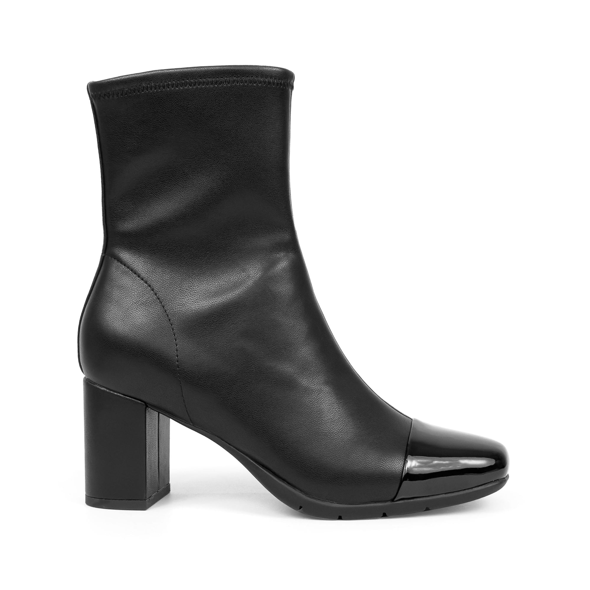Miless Bootie Mid Block Heel | Black/Black Faux Stretch Nappa/Faux Patent