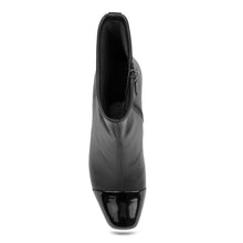 Miless Bootie Mid Block Heel | Black/Black Faux Stretch Nappa/Faux Patent