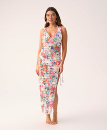 Florencia Joy Lace Cover-Up in white with vibrant, colorful floral patterns