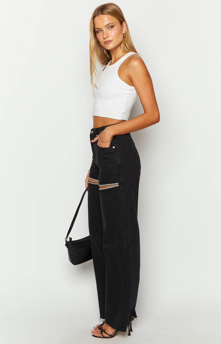 Gem Diamante Trim Wide Leg Denim Jeans | Black