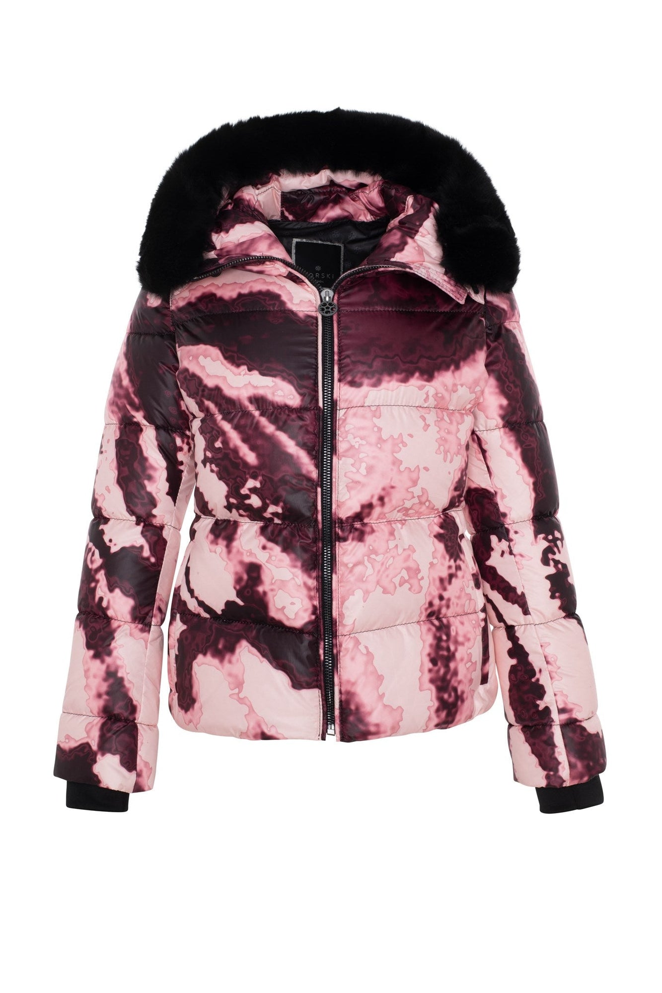 Après-Ski Jacket With Detachable Toscana Shearling Lamb Hood Trim | Women | Burgundy Abstract x Black (V1)