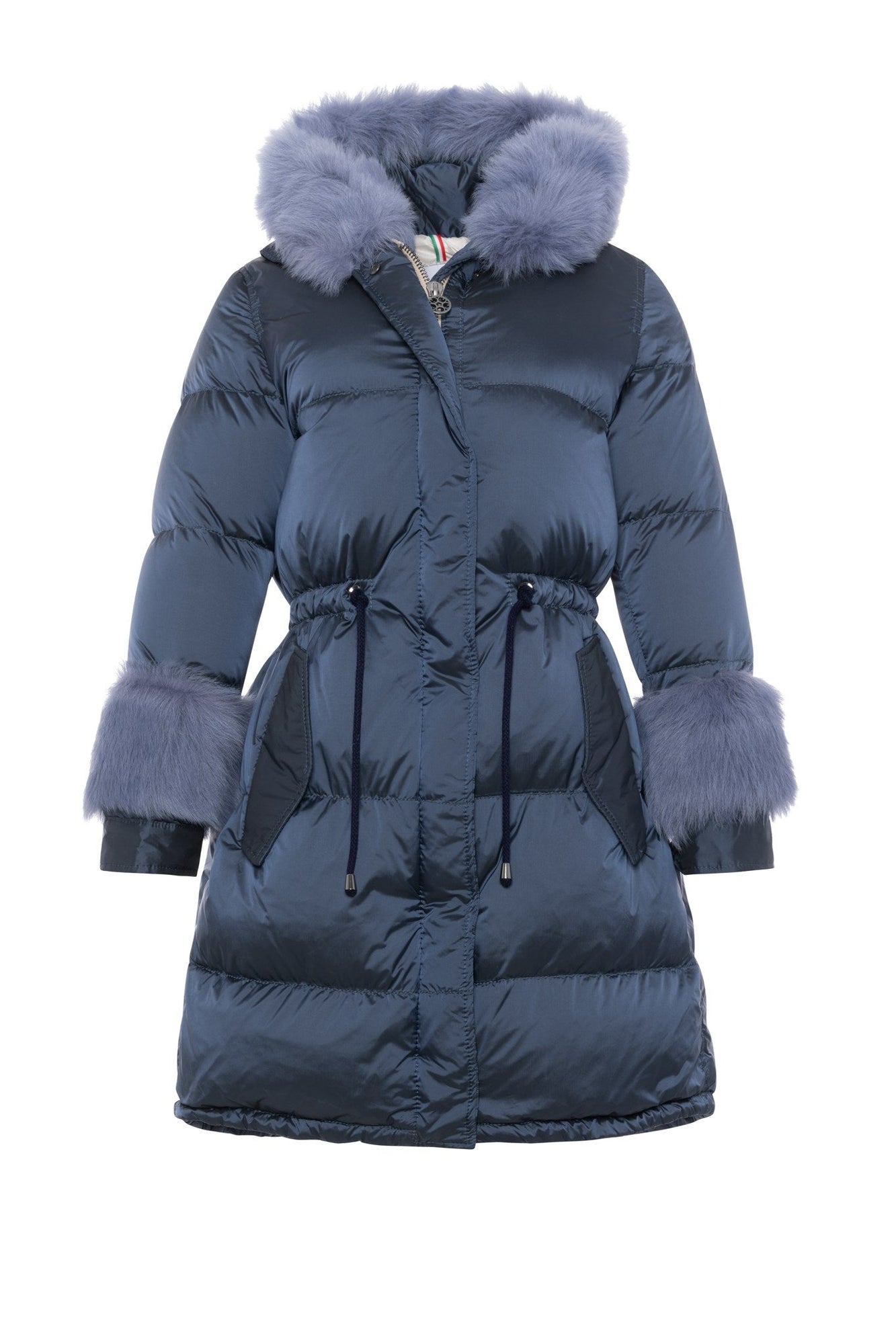 Après-Ski Jacket With Detachable Toscana Shearling Lamb Hood Trim & Toscana Shearling Lamb Cuffs | Women | Ocean Blue x Black