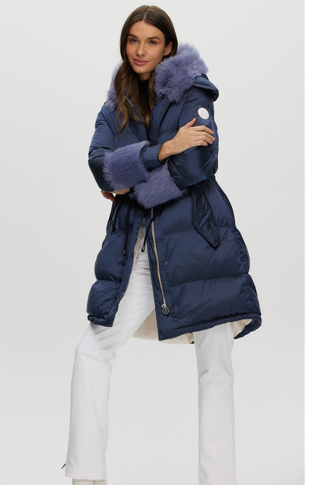 Après-Ski Jacket With Detachable Toscana Shearling Lamb Hood Trim & Toscana Shearling Lamb Cuffs | Women | Ocean Blue x Black