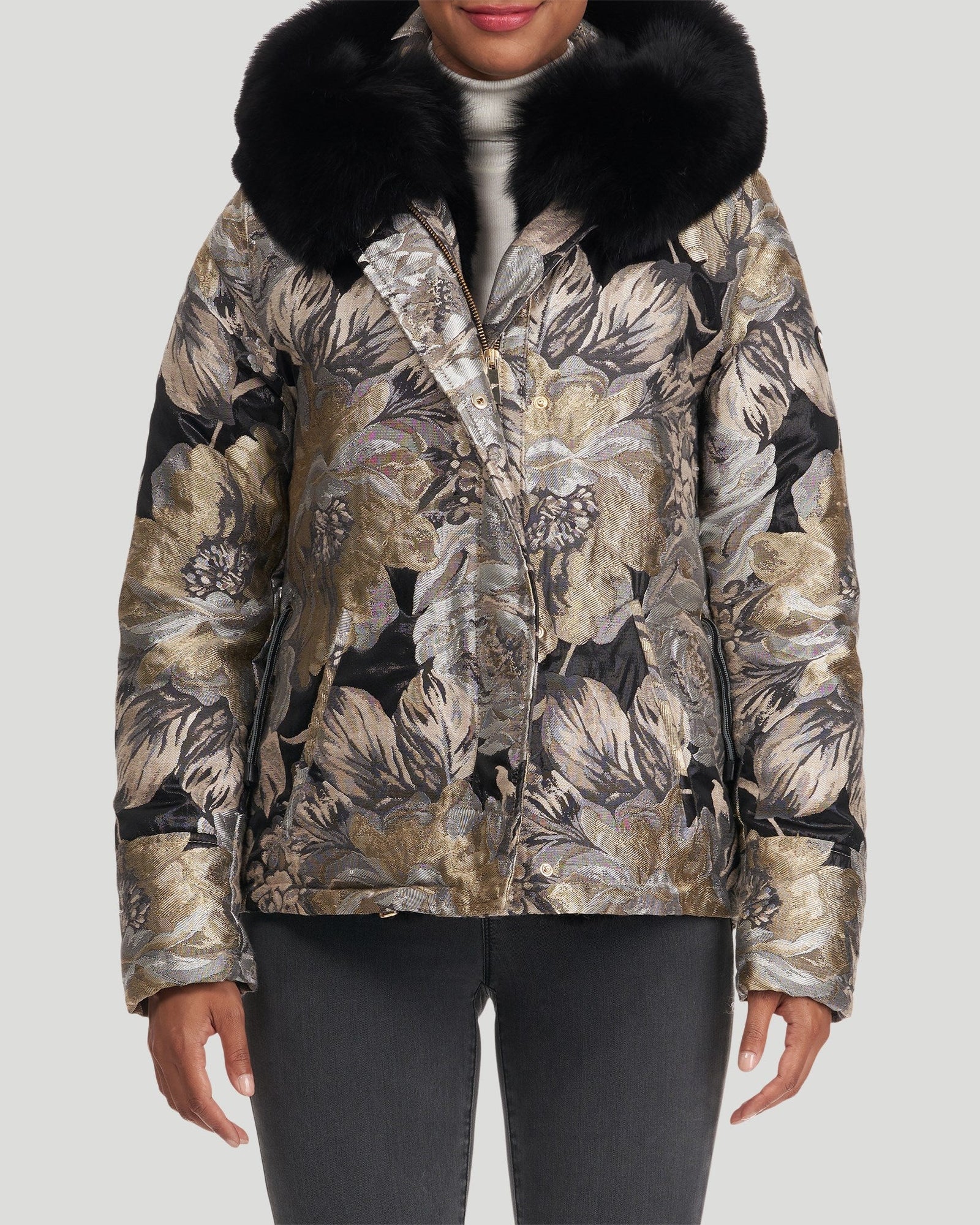 Après-Ski Parka With Fox Front And Hood Trim | Women | Nero Brocado