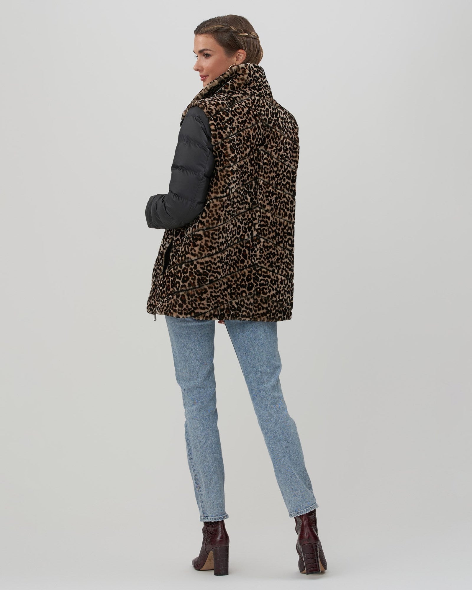 Chevron Shearling Lamb Jacket With Detachable Quilted Sleeves | Women | Mini Leopard