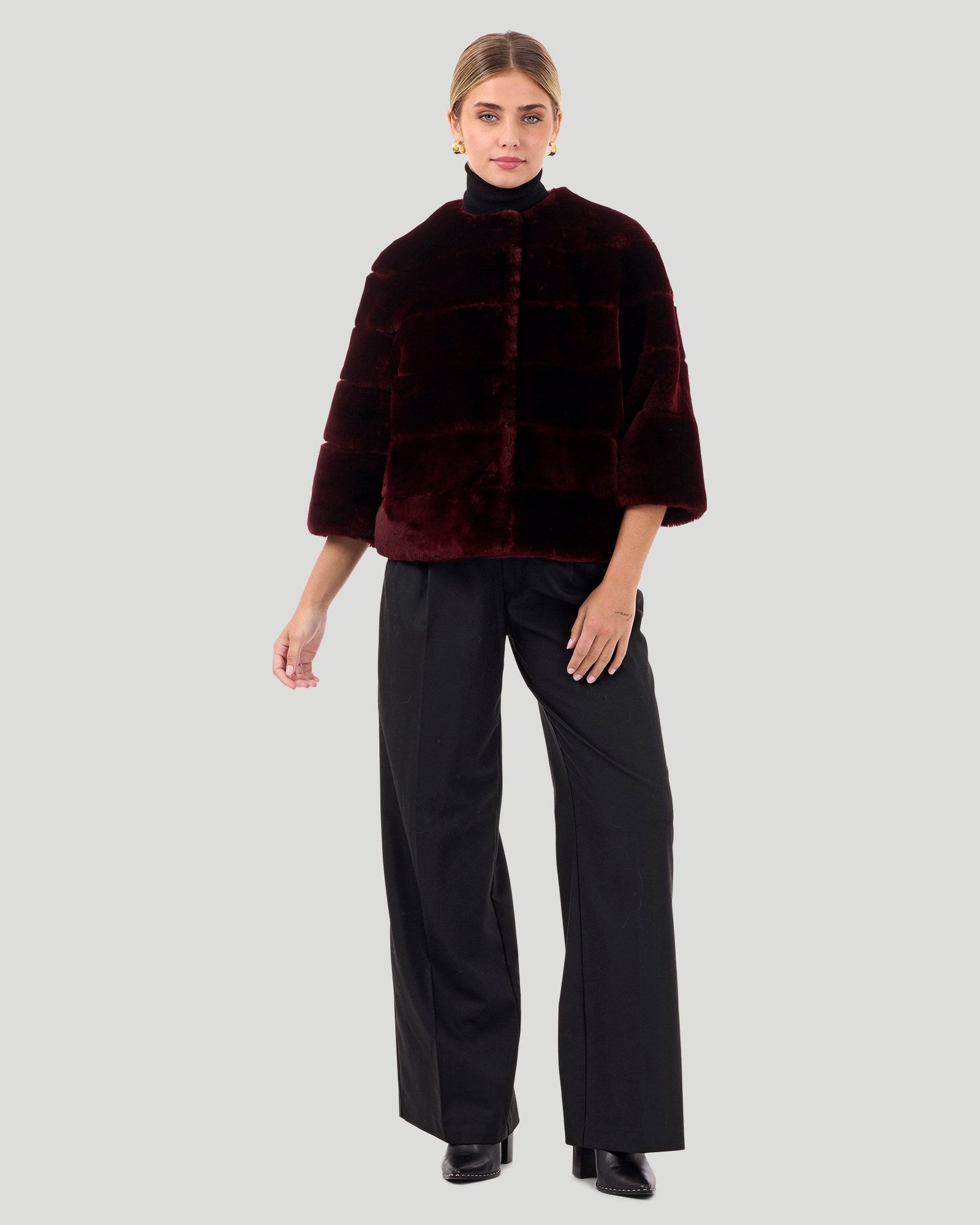 Collarless Select Shearling Lamb Jacket With 3/4 Sleeves | Women | Burgundy