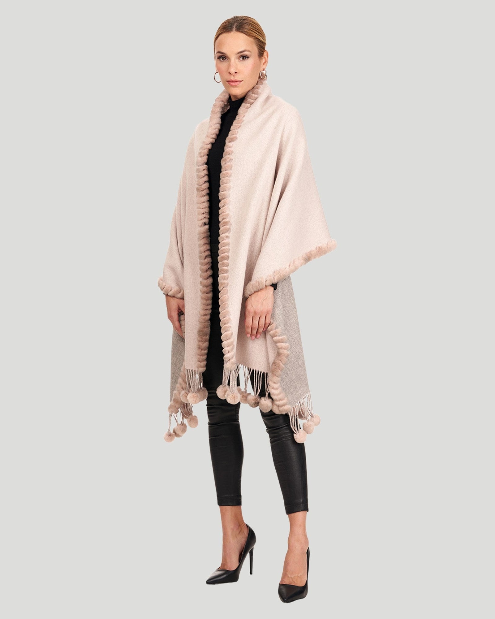 Double Face Cashmere And Wool Stole With Re Rabbit Trim | Women | Gray x Pink