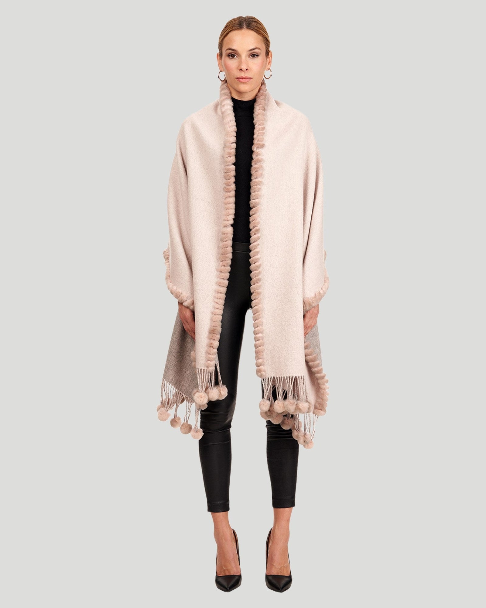 Double Face Cashmere And Wool Stole With Re Rabbit Trim | Women | Gray x Pink