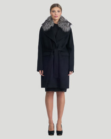 Double Face Cashmere Short Coat With Fo Collar And Belt | Women | Black x Silver