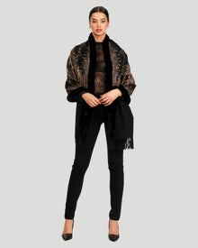 Double Face Cashmere Stole With Rex Rabbit Trim | Women | Black Paisley