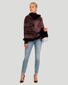 Double Face Cashmere Stole With Rex Rabbit Trim | Women | Wine Paisley