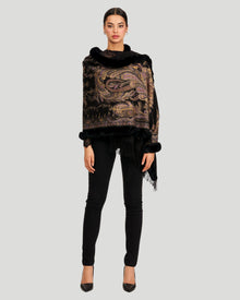 Double Face Cashmere Stole With Rex Rabbit Trim | Women | Black Paisley