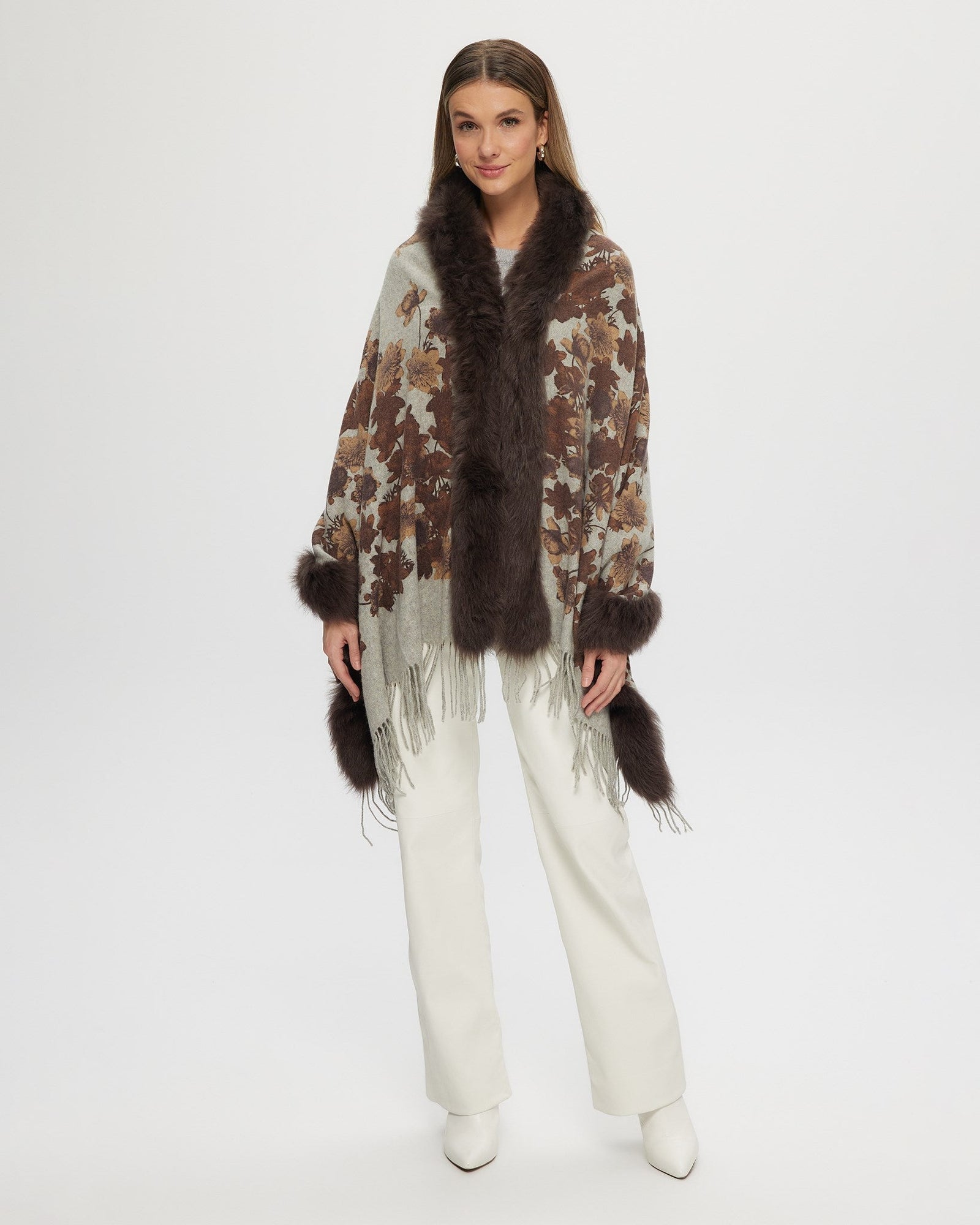 Double Face Select Cashmere Stole With Toscana Shearling Lamb Trim | Women | Brown Print x Animal Print (V2)