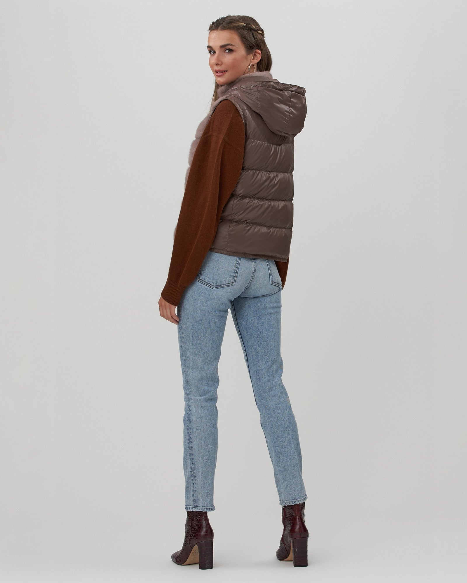 Horizontal Mink Hooded Zip Vest With Down Back | Women | Taupe x Brown