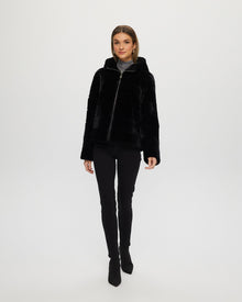 Horizontal Select Shearling Lamb Zip Jacket With Hood | Women | Black (V1)