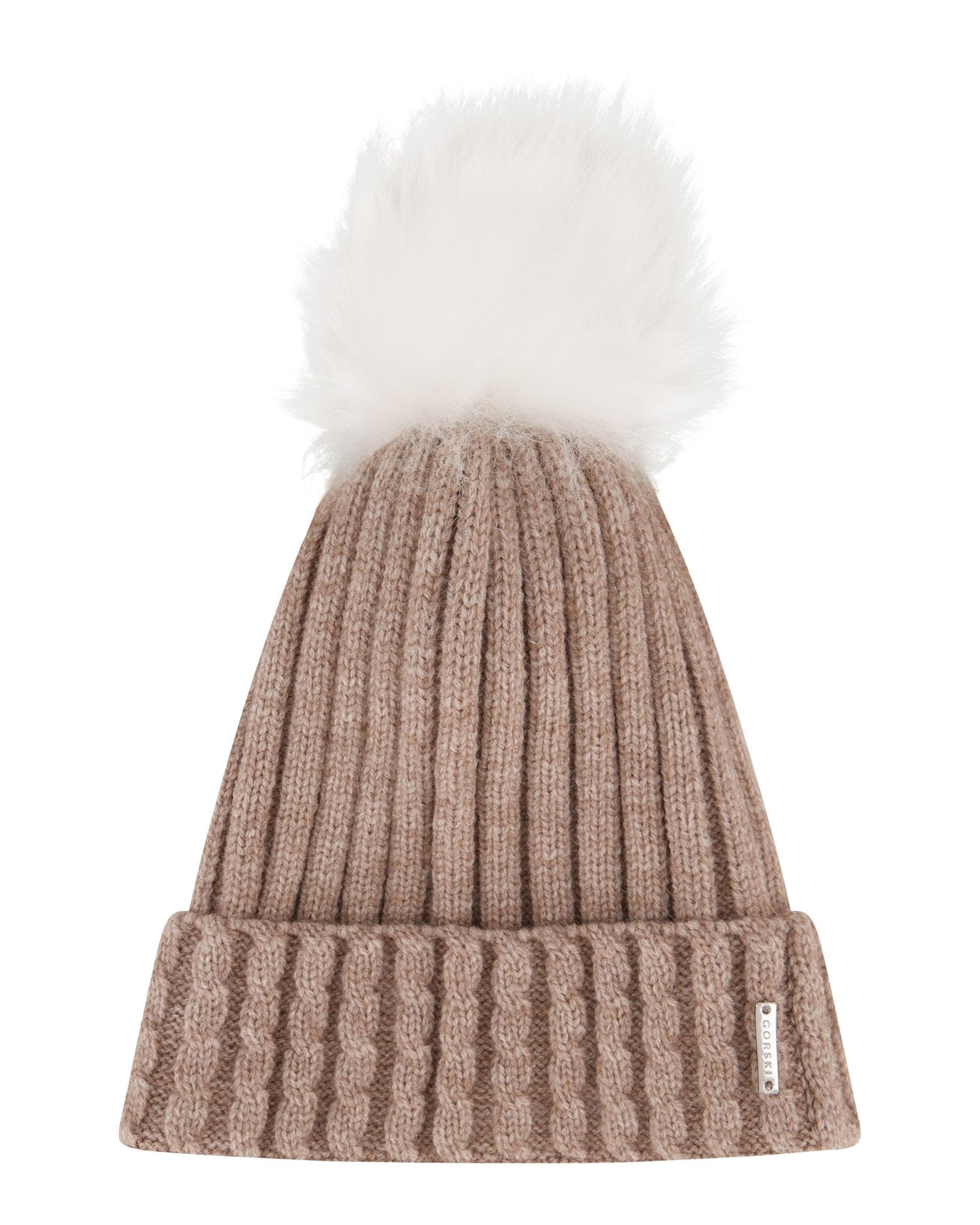 Knit Hat With Toscana Shearling Lamb Pompom | Women | Taupe x White