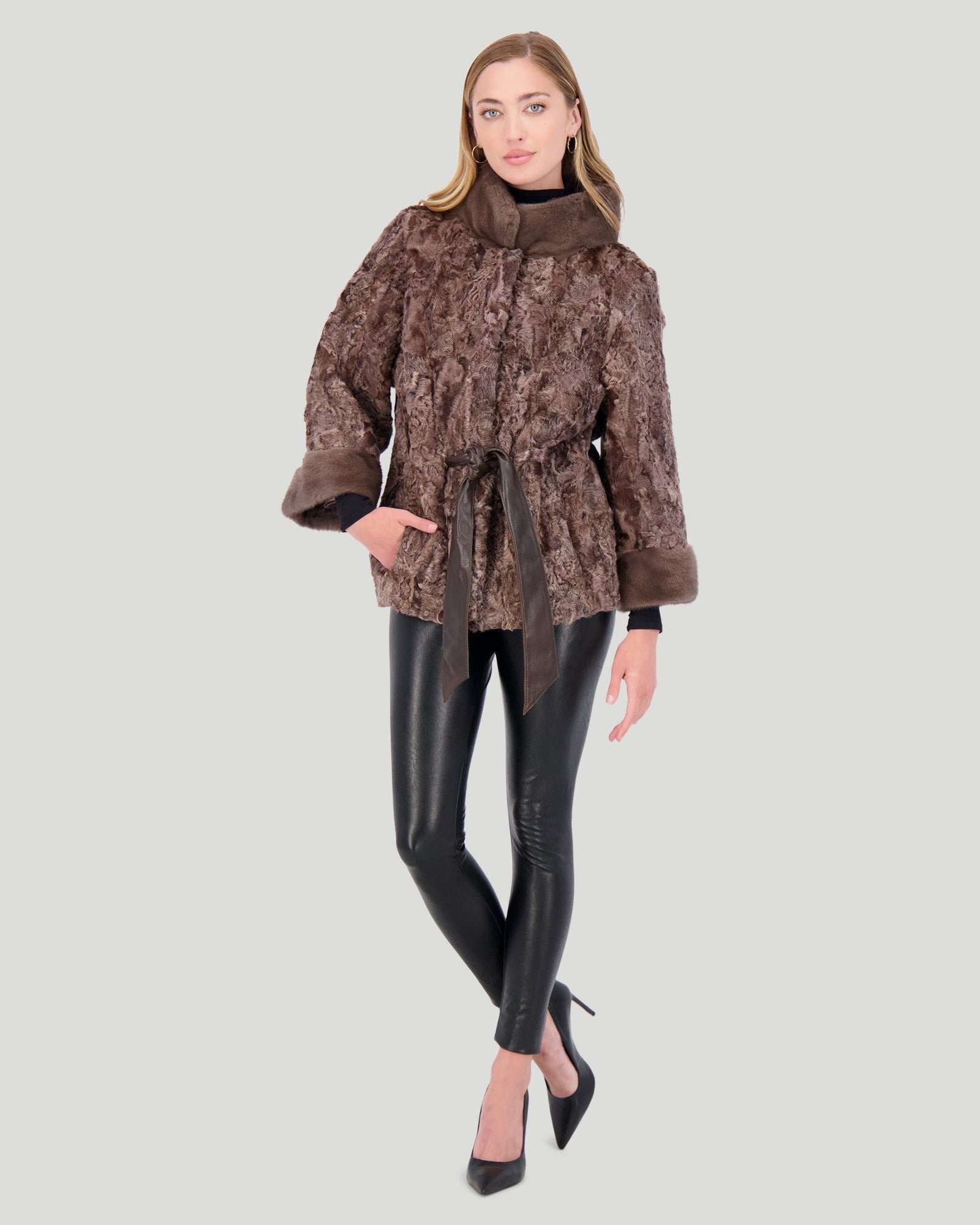 Lamb Jacket With Mink Stand Collar | Women | Quincy