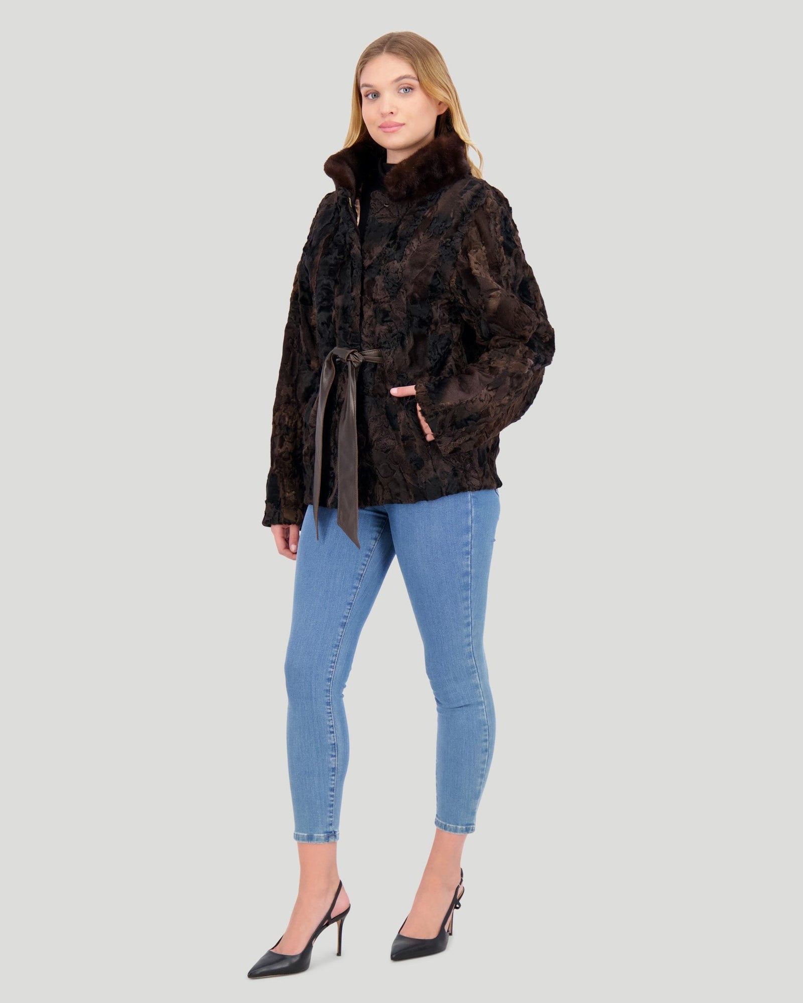 Lamb Jacket With Mink Stand Collar | Women | Brown (V1)