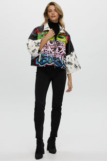 Leather Zip Jacket With Cropped Sleeves | Women | Graffiti Print