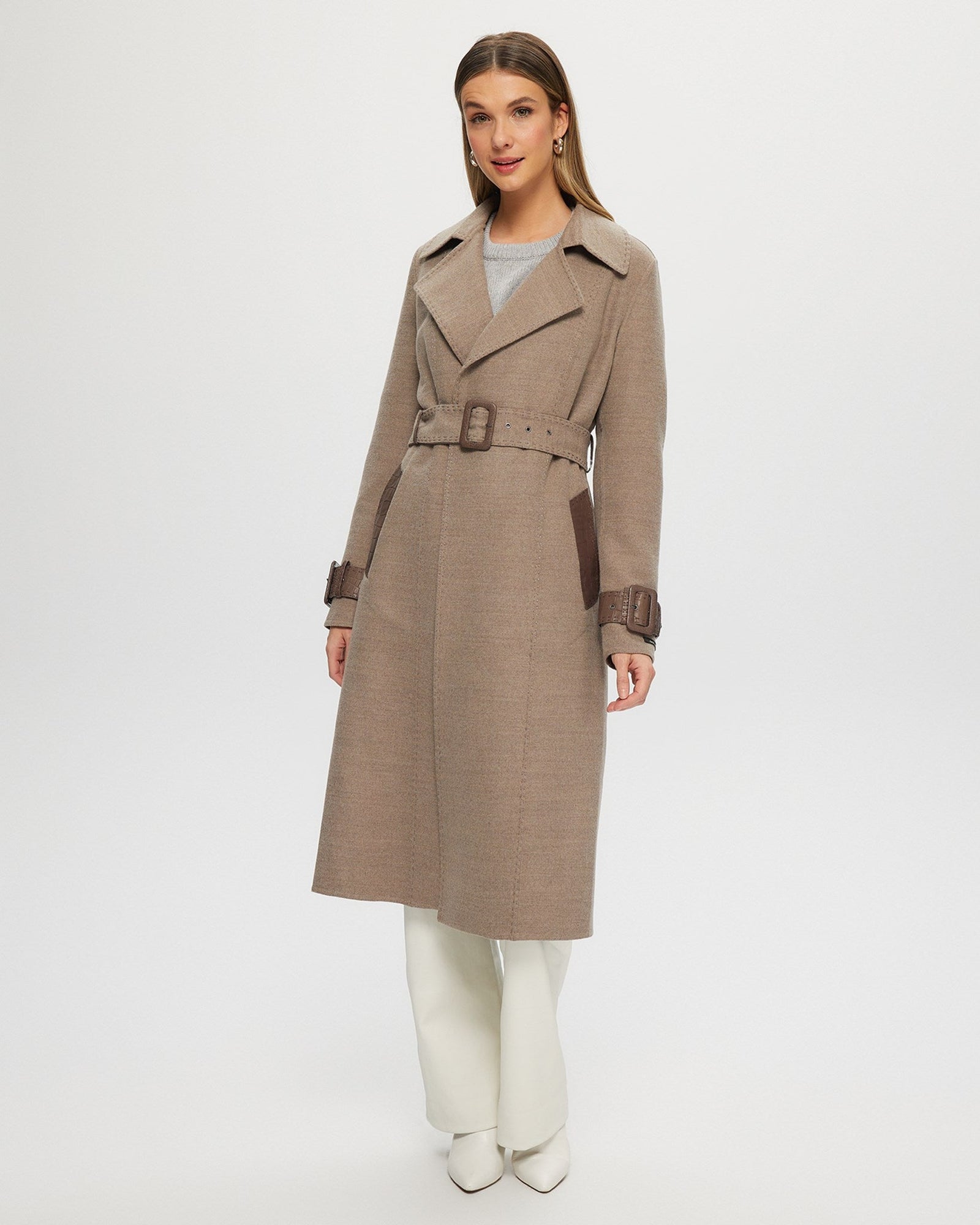 Loro Piana Cashmere & Wool Trench Coat With Leather Trim | Women | Brown x Brown