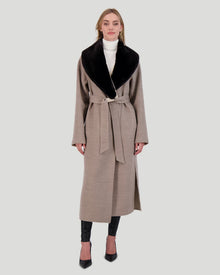 Loro Piana Wool Short Coat With Select Shearling Lamb Collar | Women | Taupe x Beige