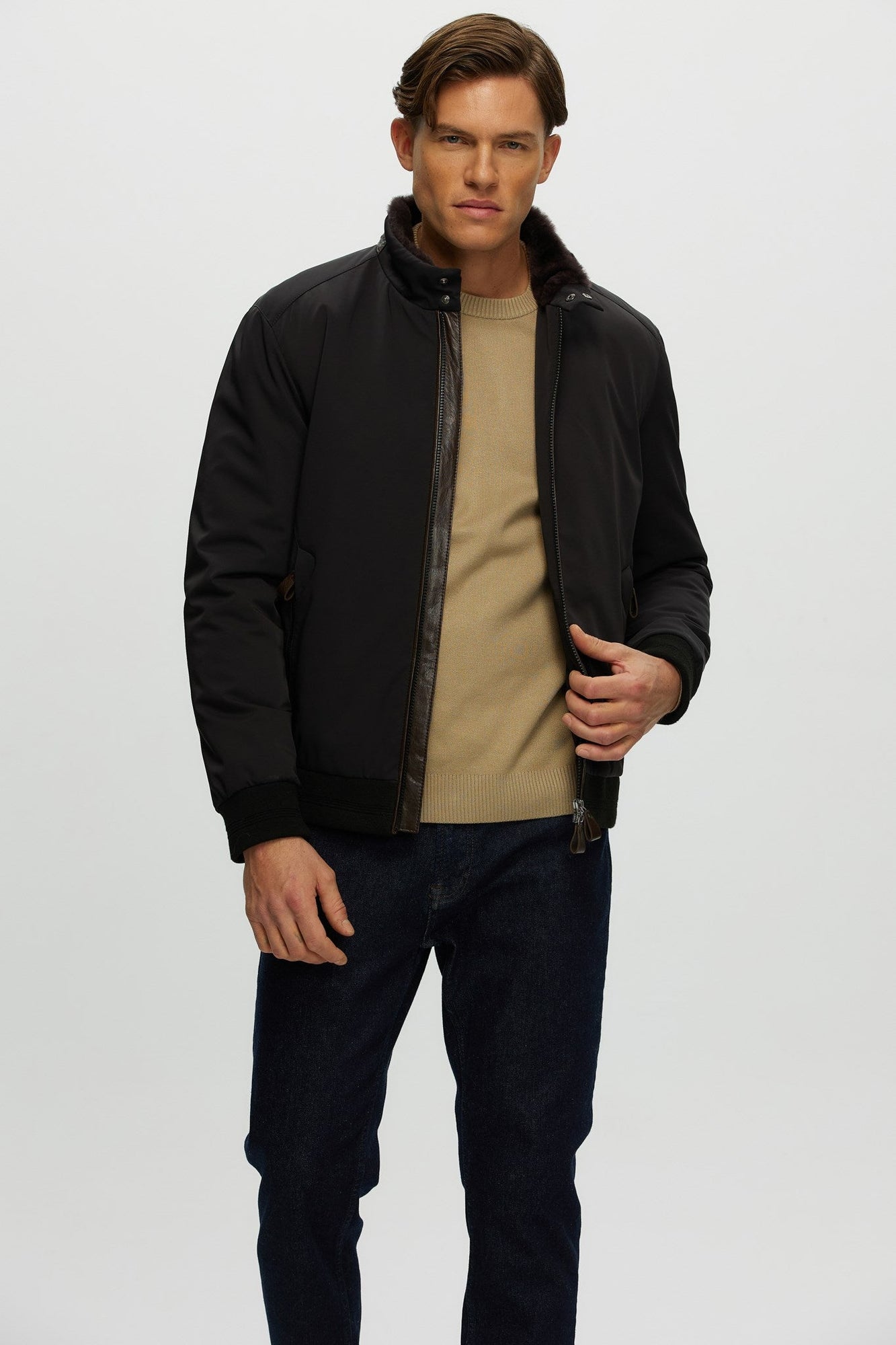 Fabric Jacket With Shearling Lamb | Men | Black