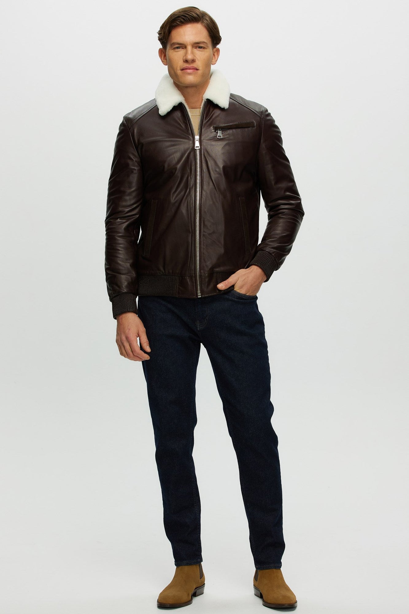 Leather Jacket With Shearling Lamb | Men | Brown