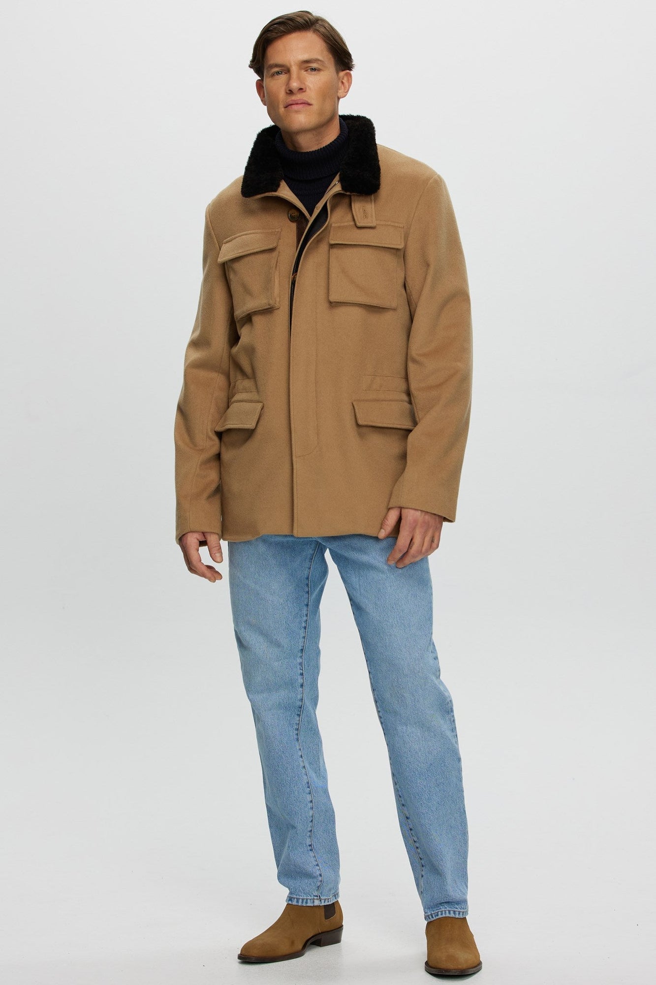 Loro Piana Cashmere Jacket With Detachable Select Shearling Lamb Collar | Men | Camel x Dark Brown