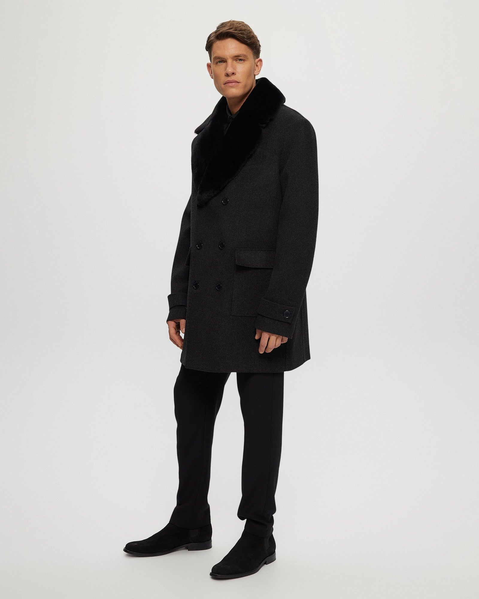 Loro Piana Wool Coat With Detachable Merino Shearling Lamb Collar | Men | Black Melange x Black