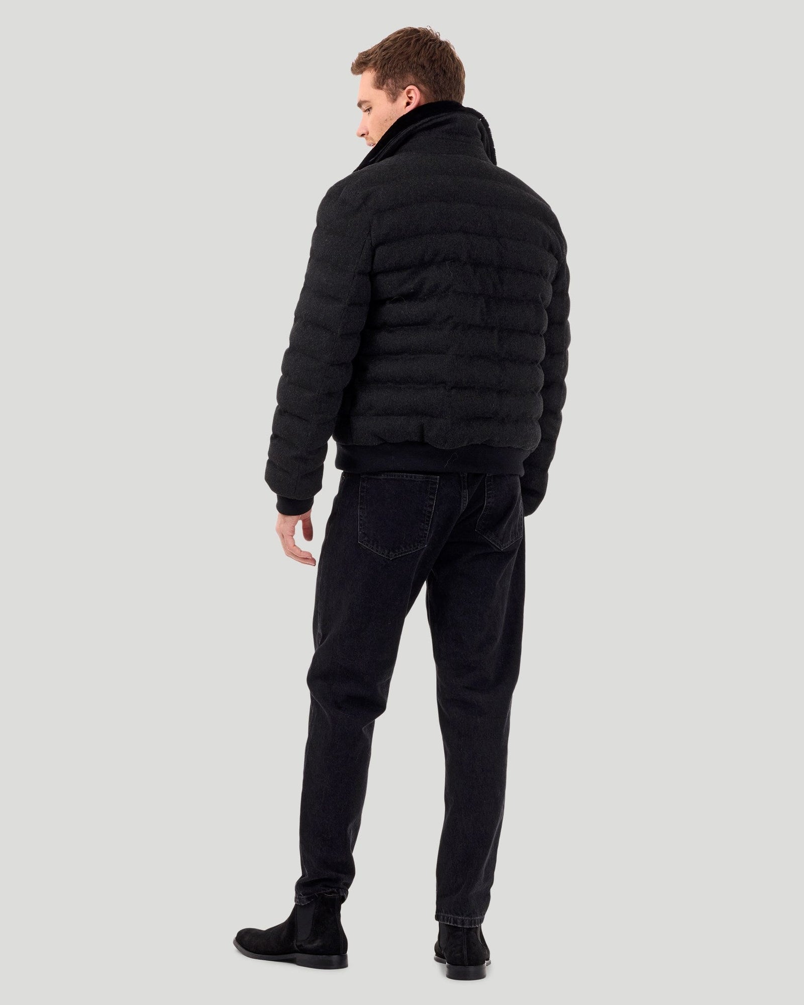 Quilted Wool Jacket With Detachable Select Shearling Lamb Collar | Men | Black Melange