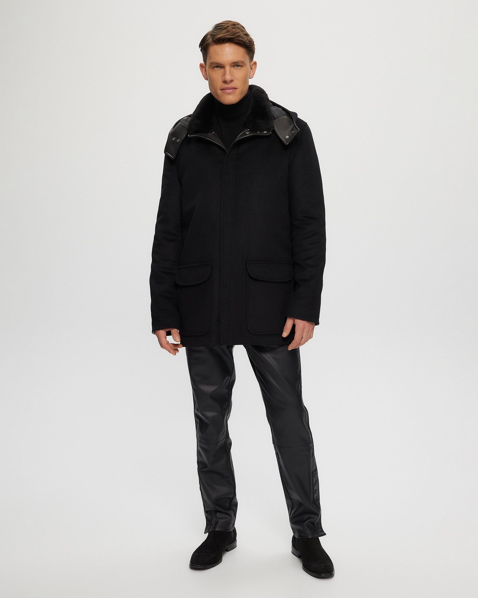 Wool Parka With Detachable Hood And Shearling Lamb Collar | Men | Black x Black