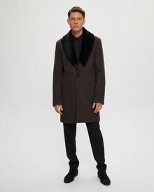 Wool Short Coat With Detachable Merino Shearling Lamb Collar | Men | Dark Brown Melange x Black