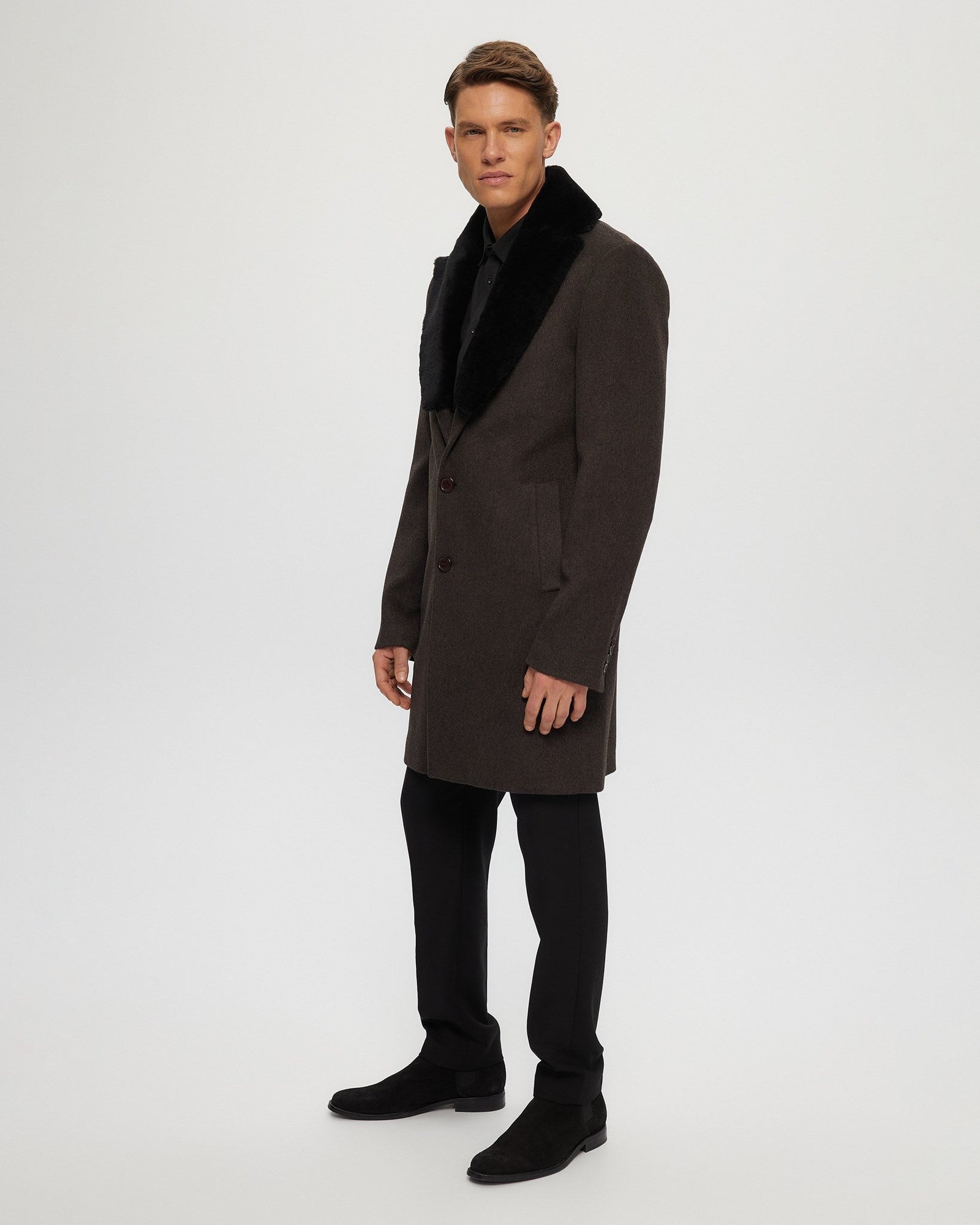 Wool Short Coat With Detachable Merino Shearling Lamb Collar | Men | Dark Brown Melange x Black