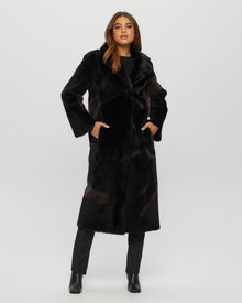 Merino Shearling Lamb Coat With Intarsia | Women | Black x Brown