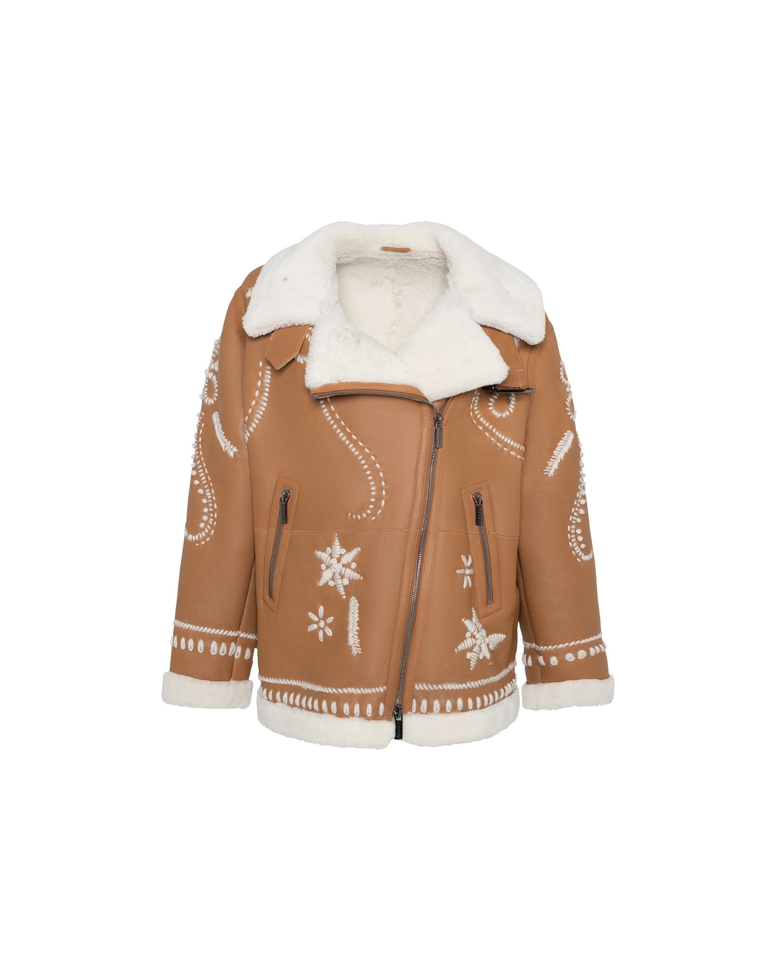 Merino Shearling Lamb Zip Jacket With Wool Embroidery | Women | White x Whiskey