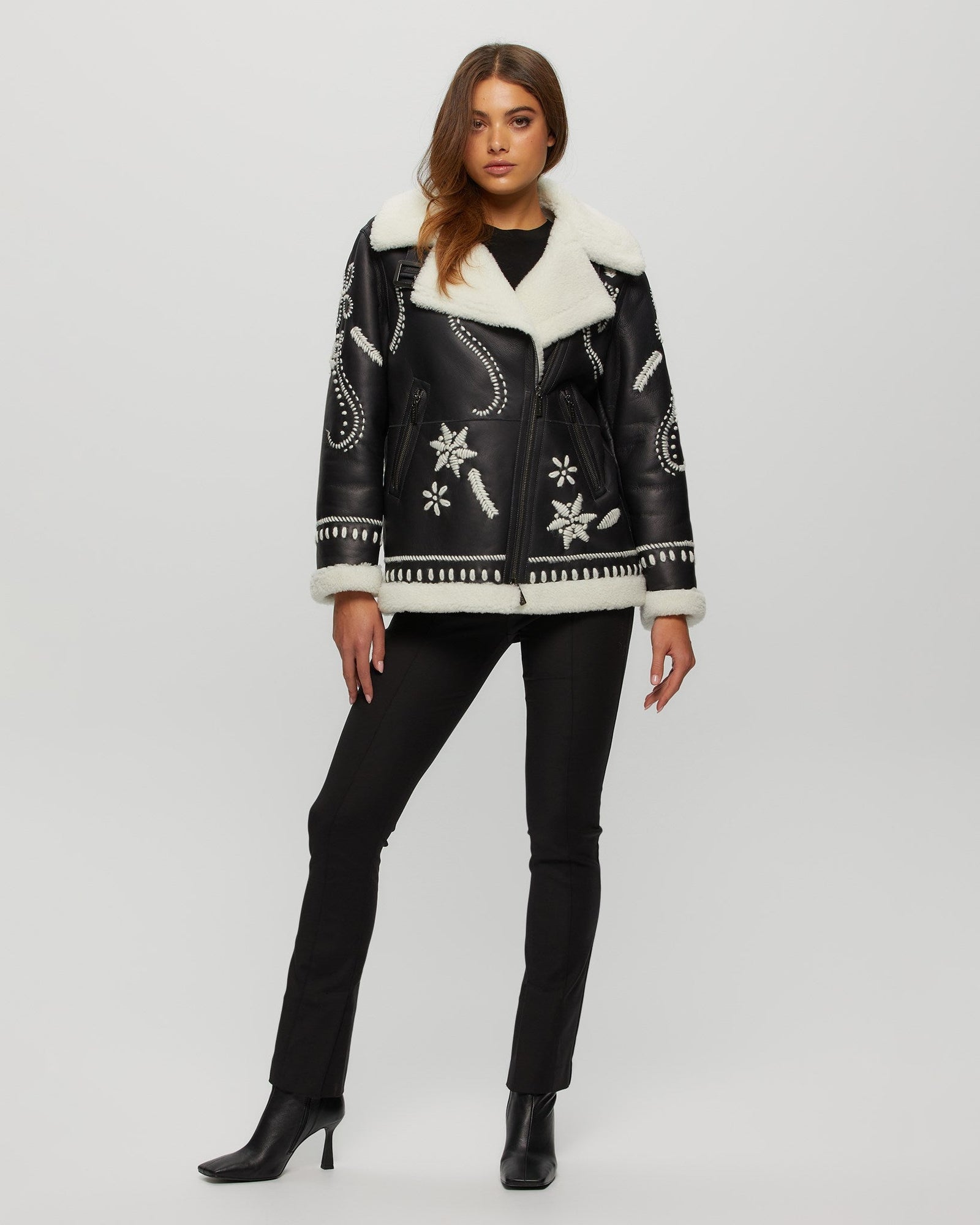 Merino Shearling Lamb Zip Jacket With Wool Embroidery | Women | Black x White